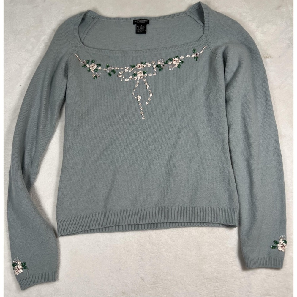Jane Doe Sweater Womens Large Light Blue Beaded Floral‎ Embellished Pullover